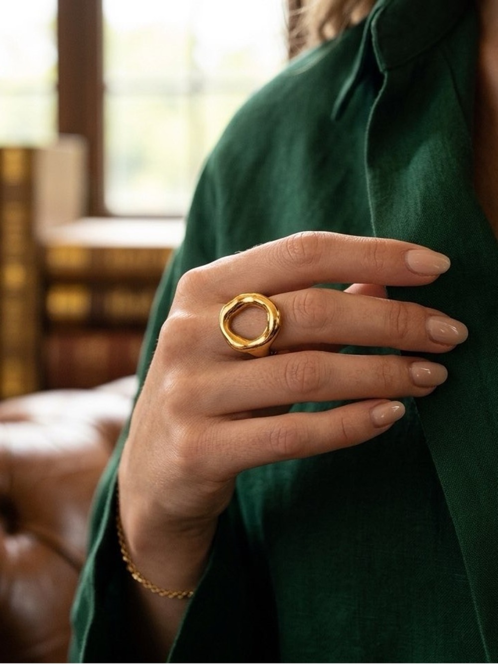 NEW! 18K Plated Gold Stainless Steel Chunky Statement Oval Ring Size 7 Organic